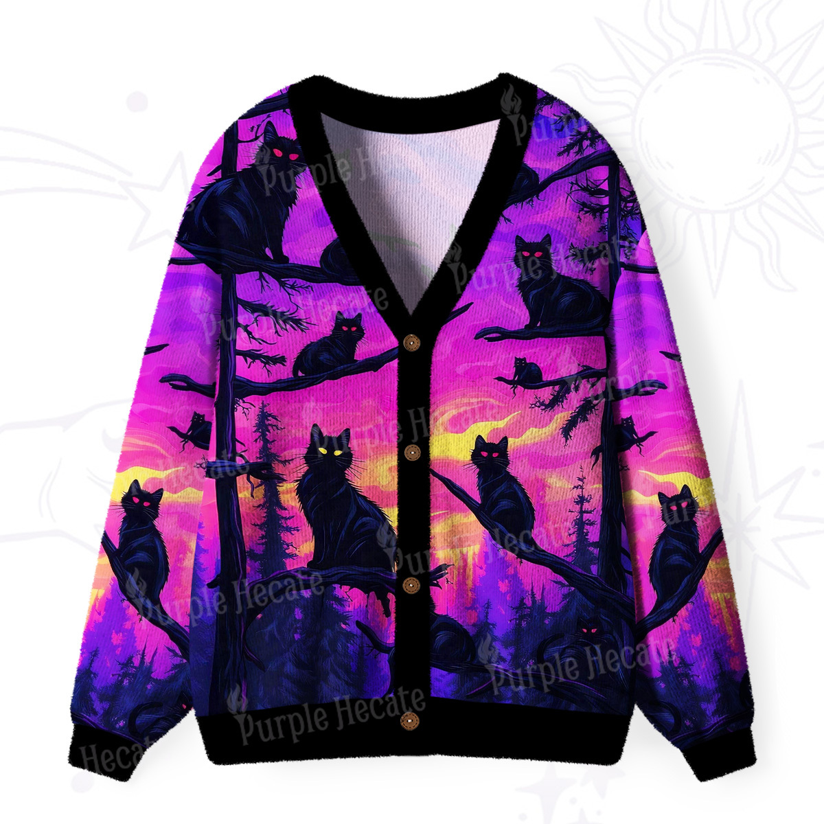 Purplehecate Twilight Forest Guardian Cat Ugly Cardigan Sweaters