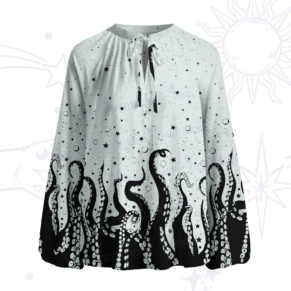 Purplehecate Tentacles of the Deep Split Neck Tie Blouse