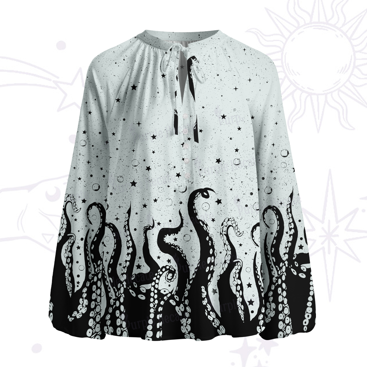 Purplehecate Tentacles of the Deep Split Neck Tie Blouse