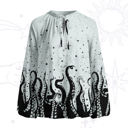 Purplehecate Tentacles of the Deep Split Neck Tie Blouse