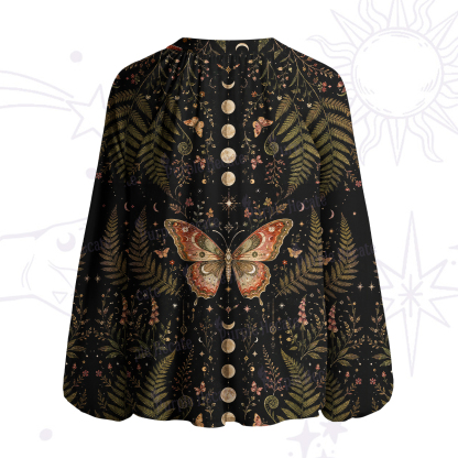 Purplehecate Moon Moth in the Enchanted Fores Split Neck Tie Blouse