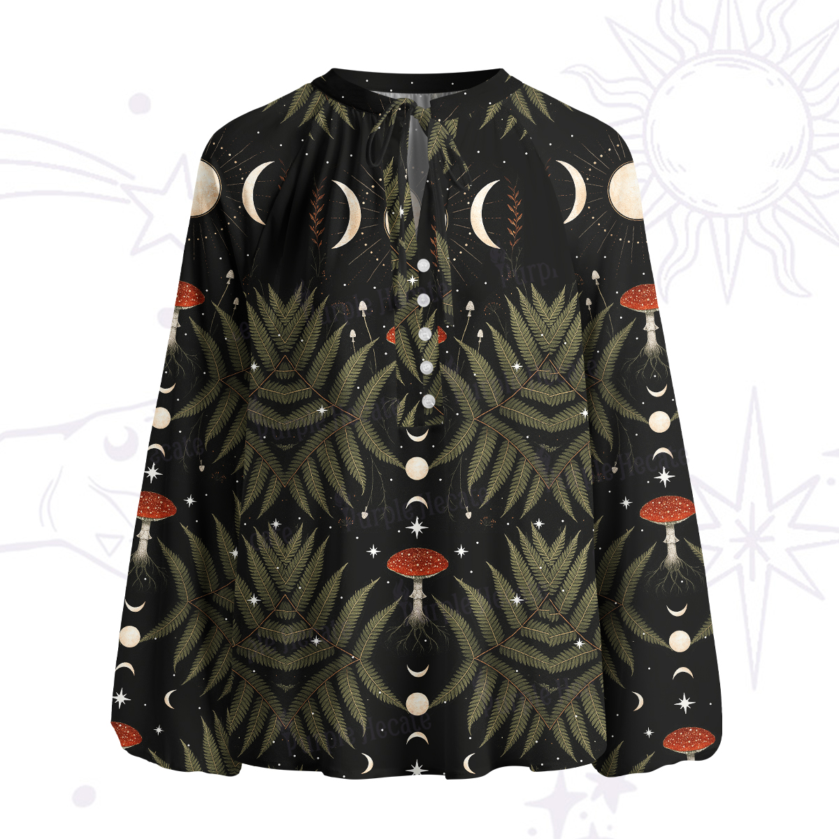 Purplehecate Moonlit Mushroom Gown Split Neck Tie Blouse