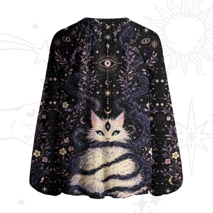 Purplehecate Moon Phase Oracle Cat Split Neck Tie Blouse