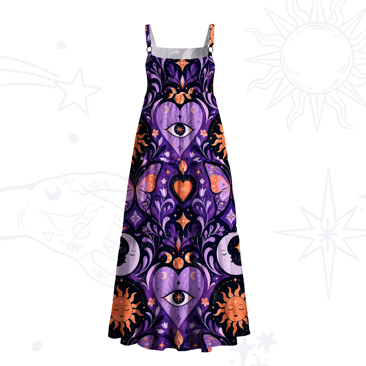 Purplehecate Esoteric Third Eye Cosmic Heart Wide Straps Maxi Dress