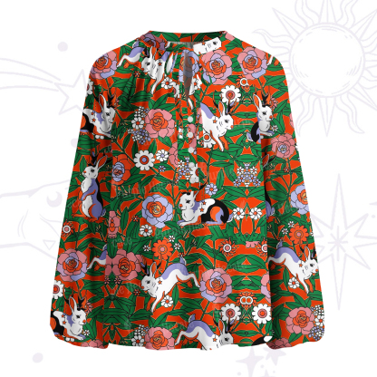 Purplehecate Mystic Blossom Bunny Garden Split Neck Tie Blouse