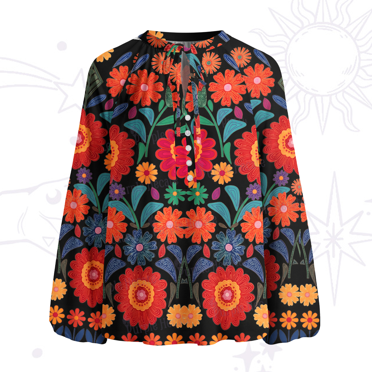 Purplehecate Retro Bloom Folk Floral Split Neck Tie Blouse