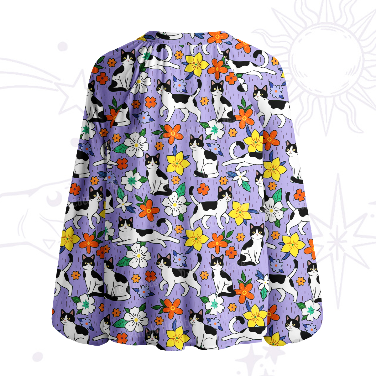 Purplehecate Enchanted Spring Whispering Cat Split Neck Tie Blouse