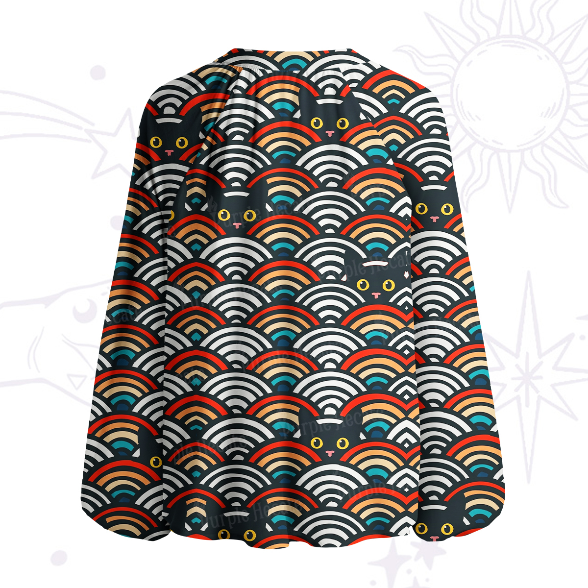 Purplehecate Rainbow Black Cat Waves Split Neck Tie Blouse