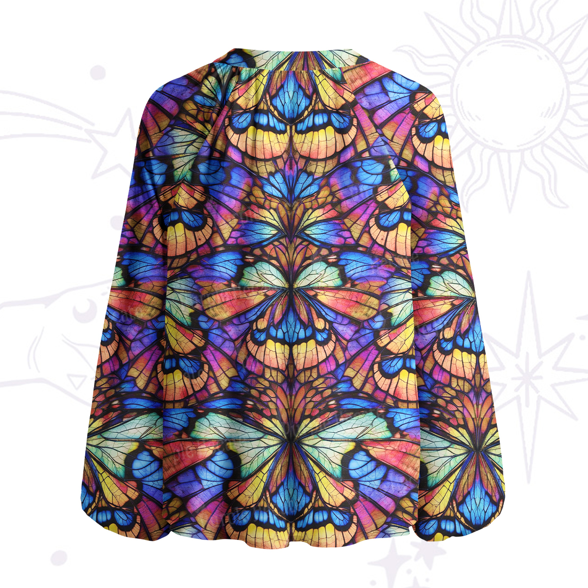 Purplehecate Colorful Butterfly Wing Pattern Split Neck Tie Blouse