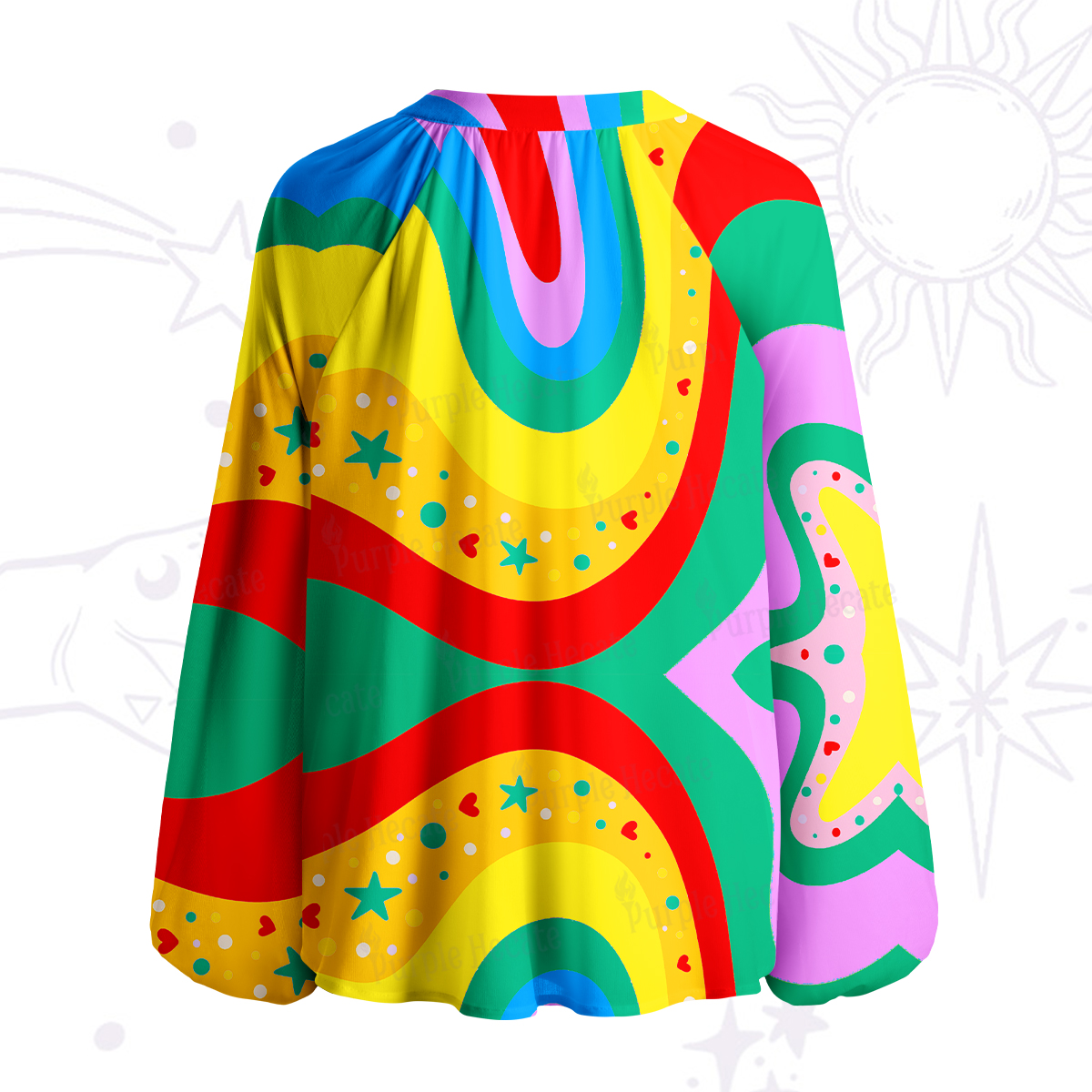 Purplehecate Dreamy Rainbow Waves Split Neck Tie Blouse