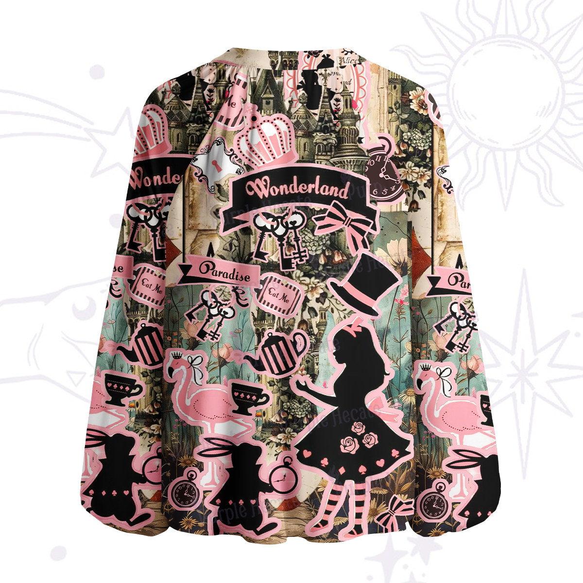 Purplehecate Wonderland Alice's Tea Party Split Neck Tie Blouse
