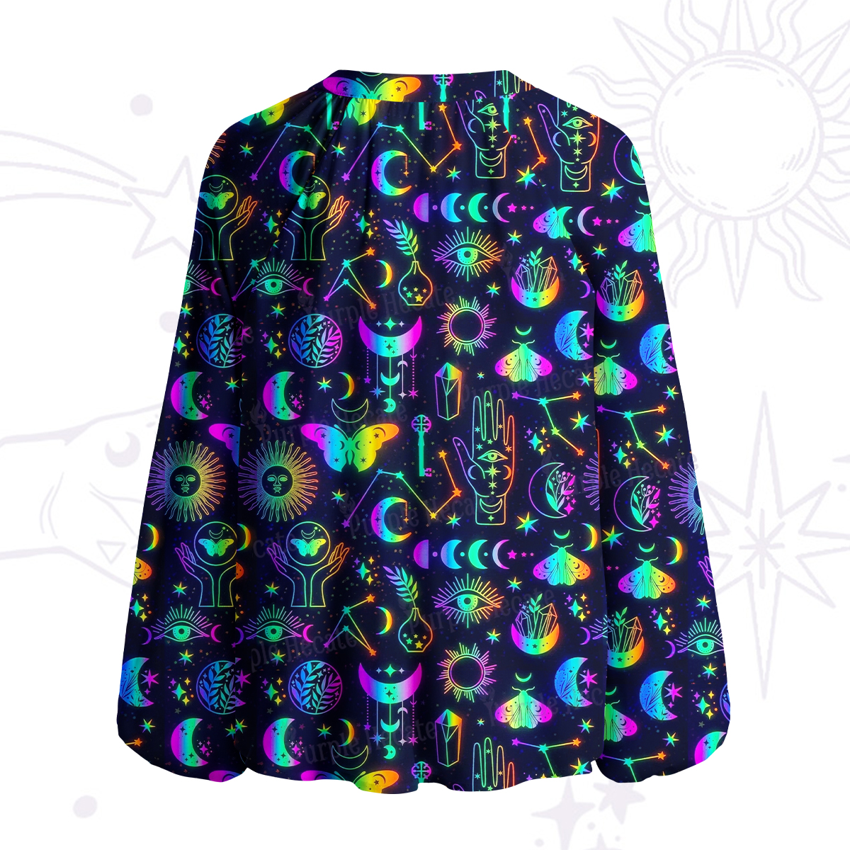 Purplehecate Blacklight Butterfly Split Neck Tie Blouse