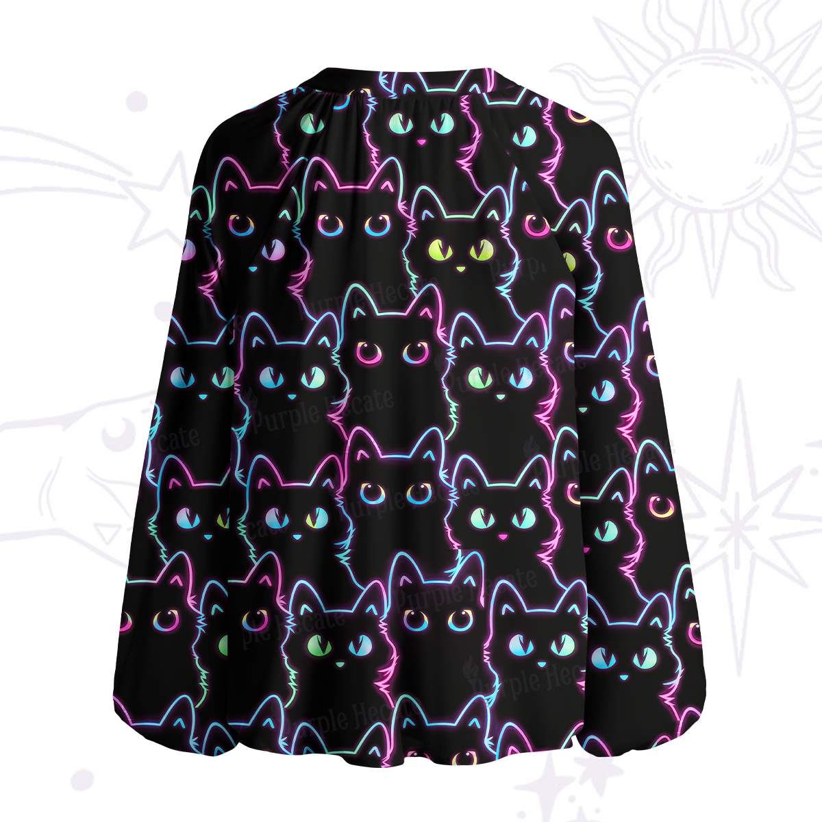 Purplehecate Neon Glow Stacked Cats Split Neck Tie Blouse