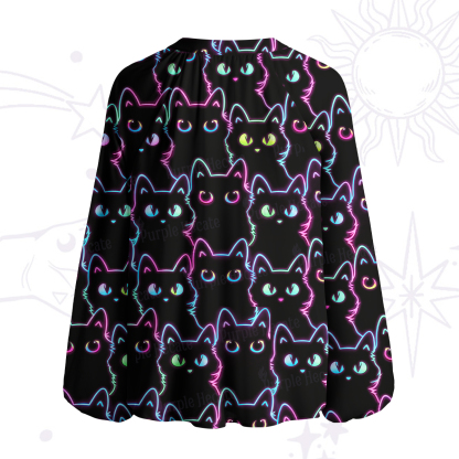 Purplehecate Neon Glow Stacked Cats Split Neck Tie Blouse