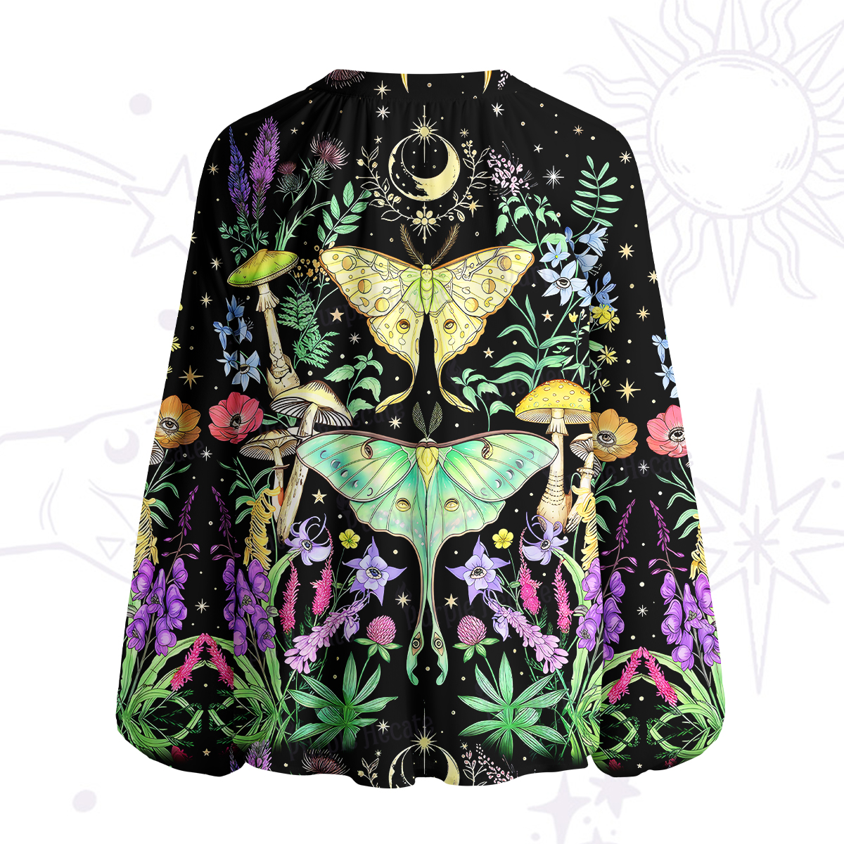 Purplehecate Mystic Lunar Moth Herbal Forest Split Neck Tie Blouse