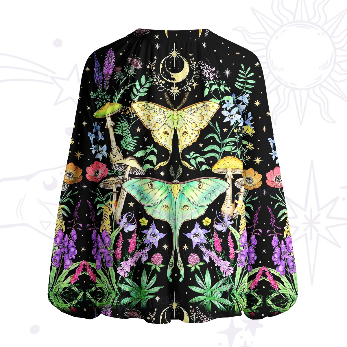 Purplehecate Mystic Lunar Moth Herbal Forest Split Neck Tie Blouse
