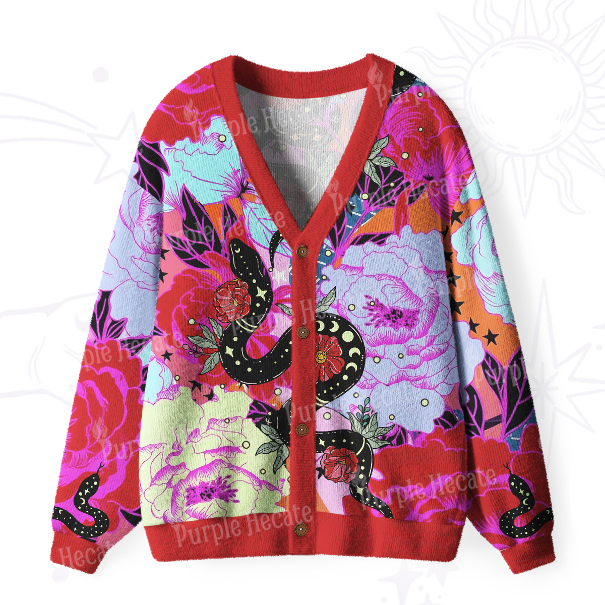 Purplehecate Enchanted Black Serpent & Floral Pattern Ugly Cardigan Sweaters