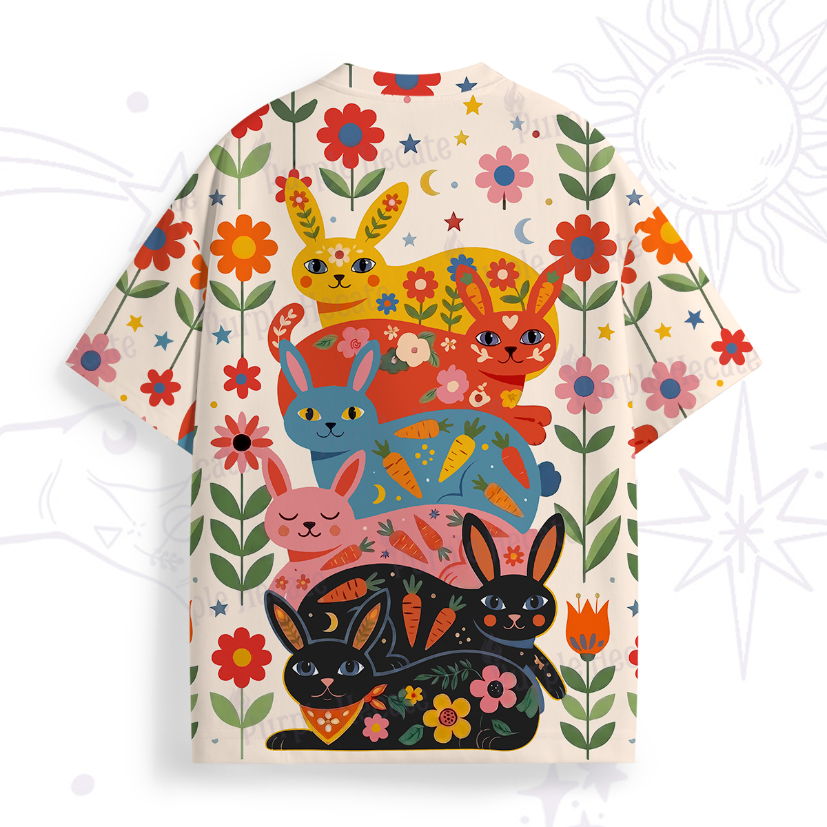 Purplehecate Folk Art Rainbow Floral Bunny All Over Print T-Shirt