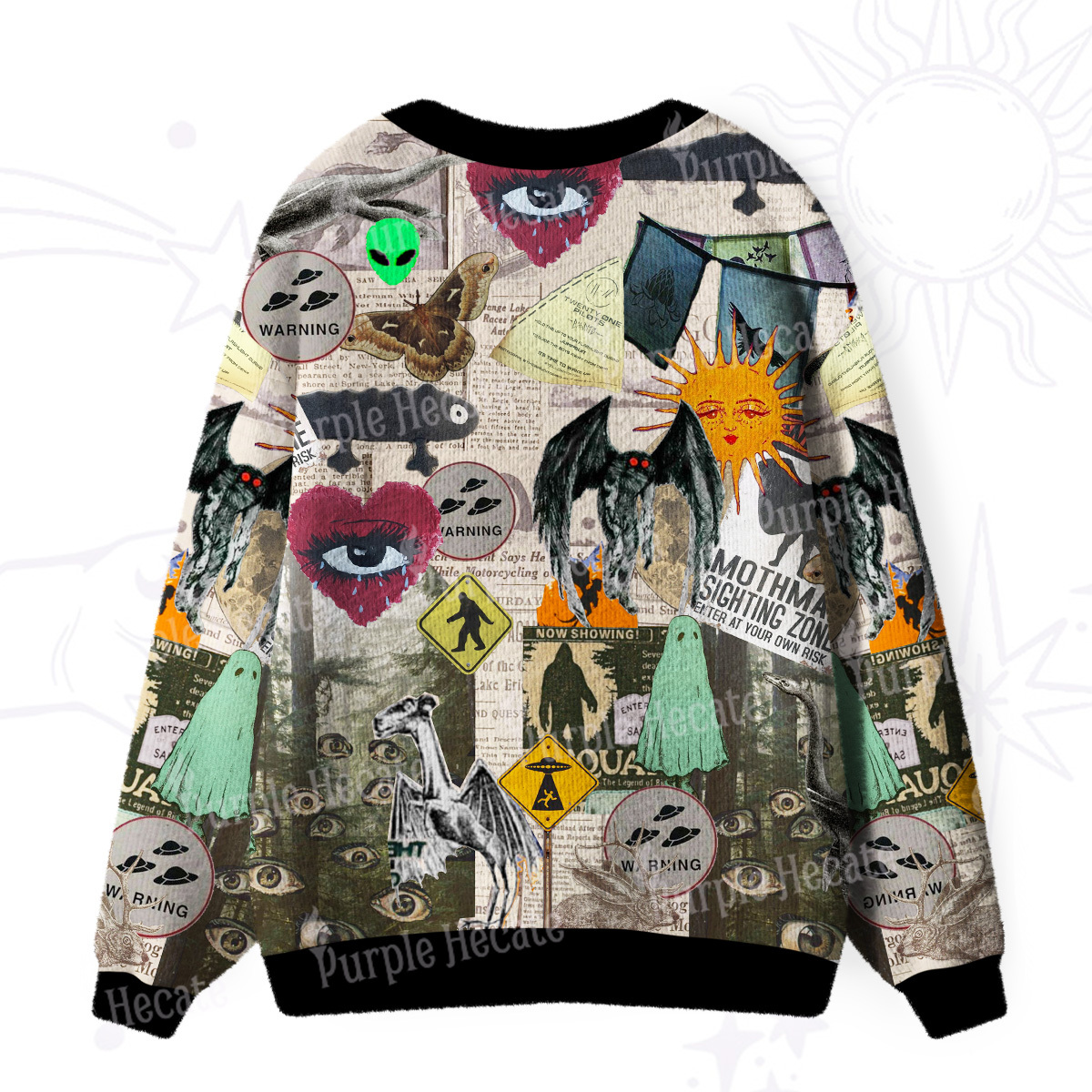 Purplehecate Cryptid Warning Collage Ugly Cardigan Sweaters