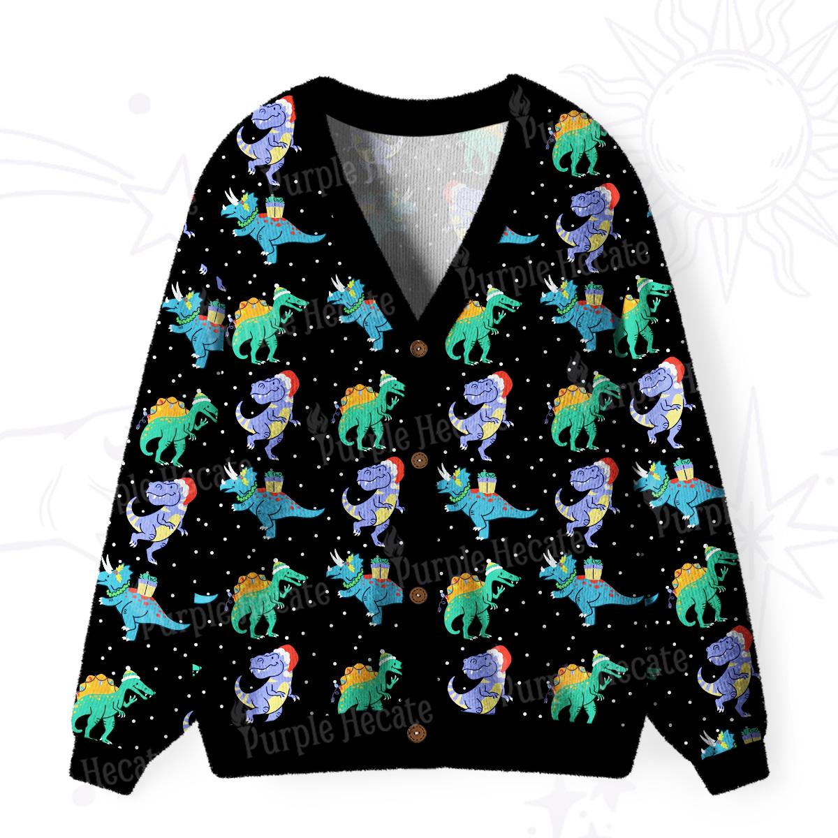 Purplehecate Funny Christmas Dinosaurs Ugly Cardigan Sweaters