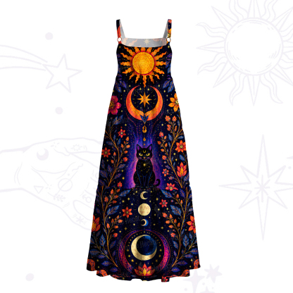 Purplehecate Solar Lunar Garden Black Cat Wide Straps Maxi Dress