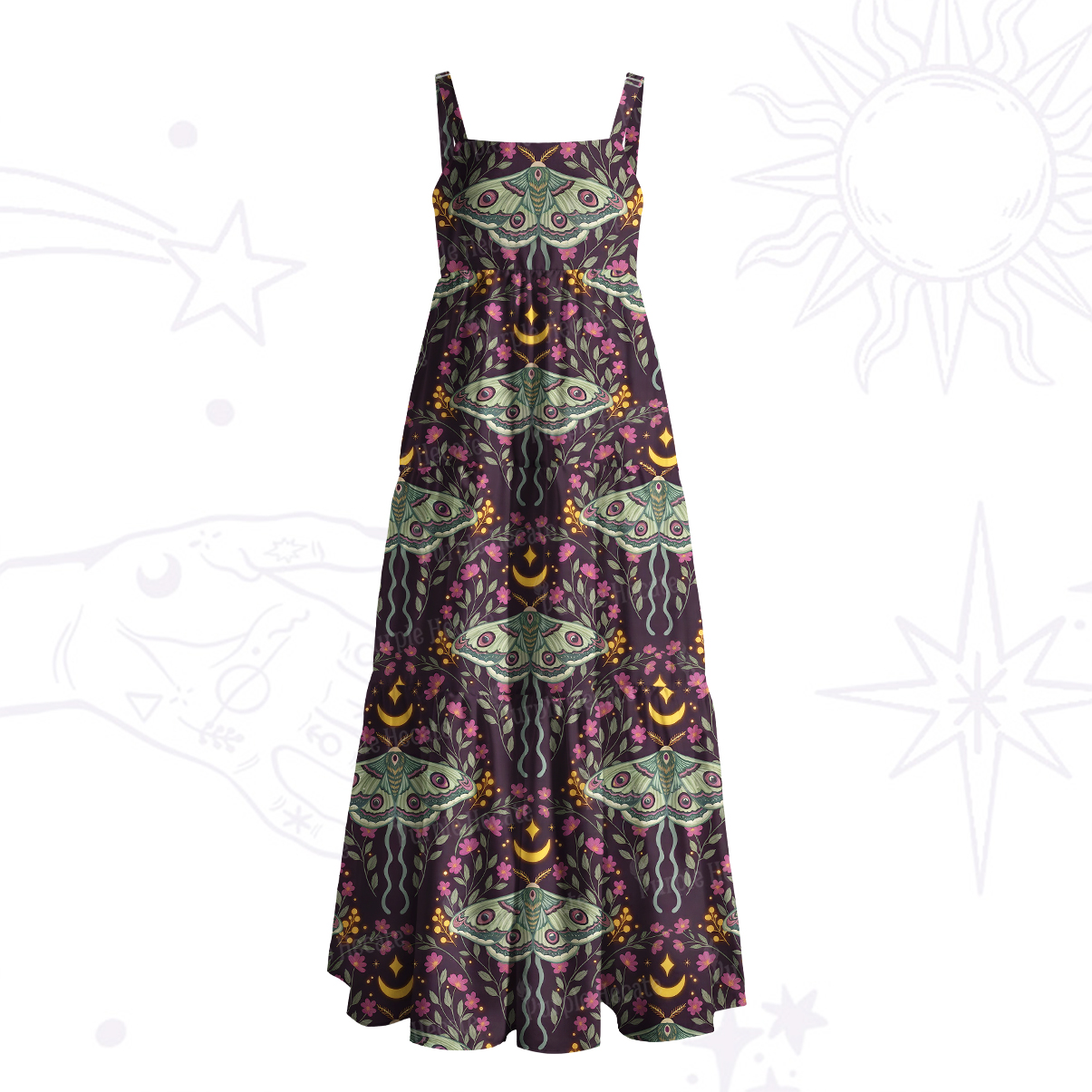 Purplehecate Enchanted Night Moth Stars Wide Straps Maxi Dress