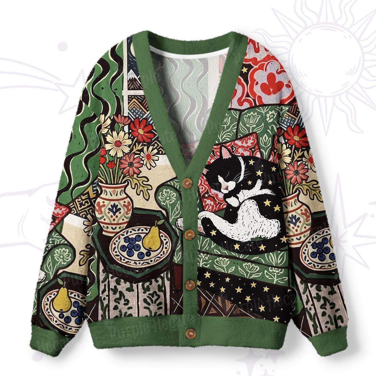 Purplehecate Nap Time Lazy Kitty Ugly Cardigan Sweaters