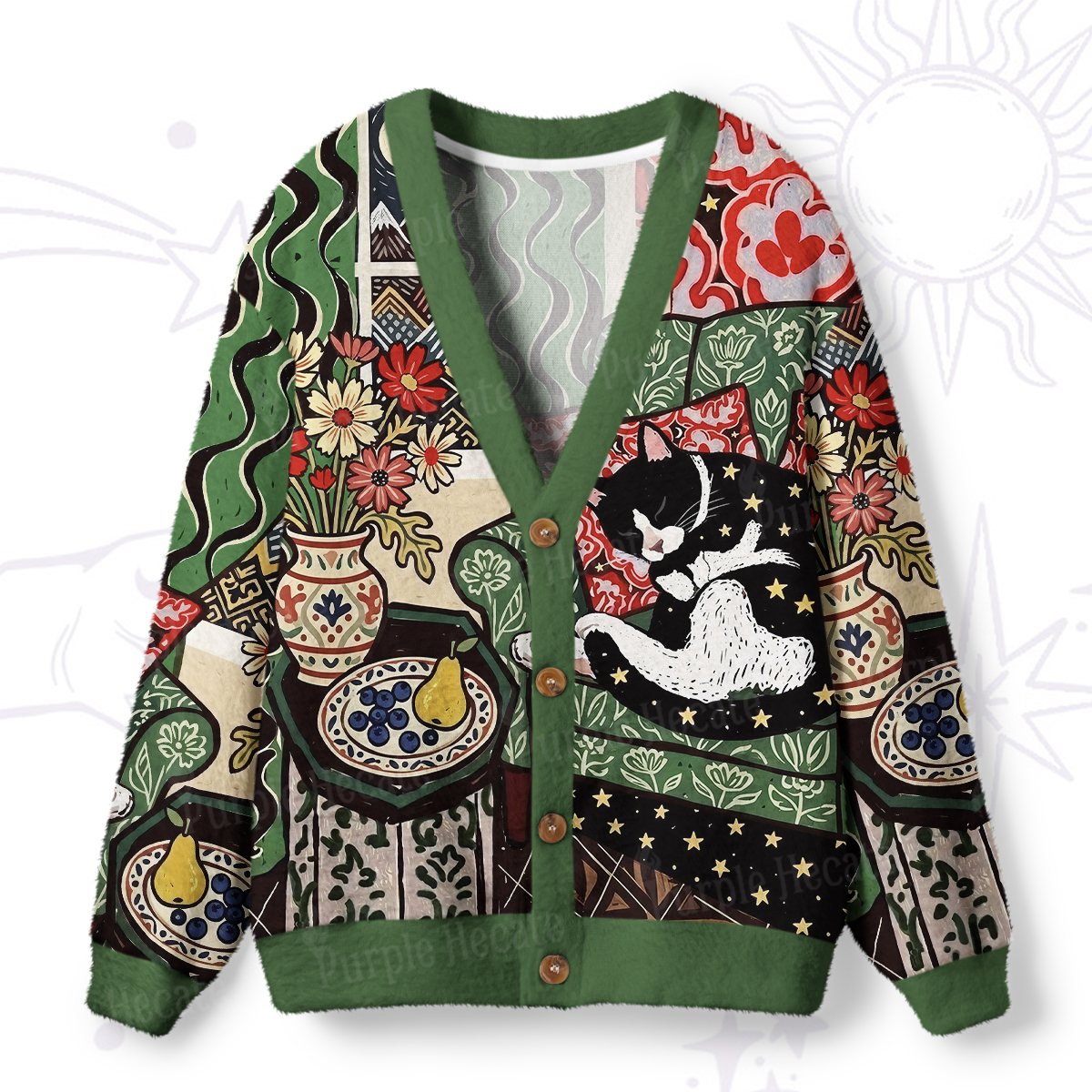 Purplehecate Nap Time Lazy Kitty Ugly Cardigan Sweaters