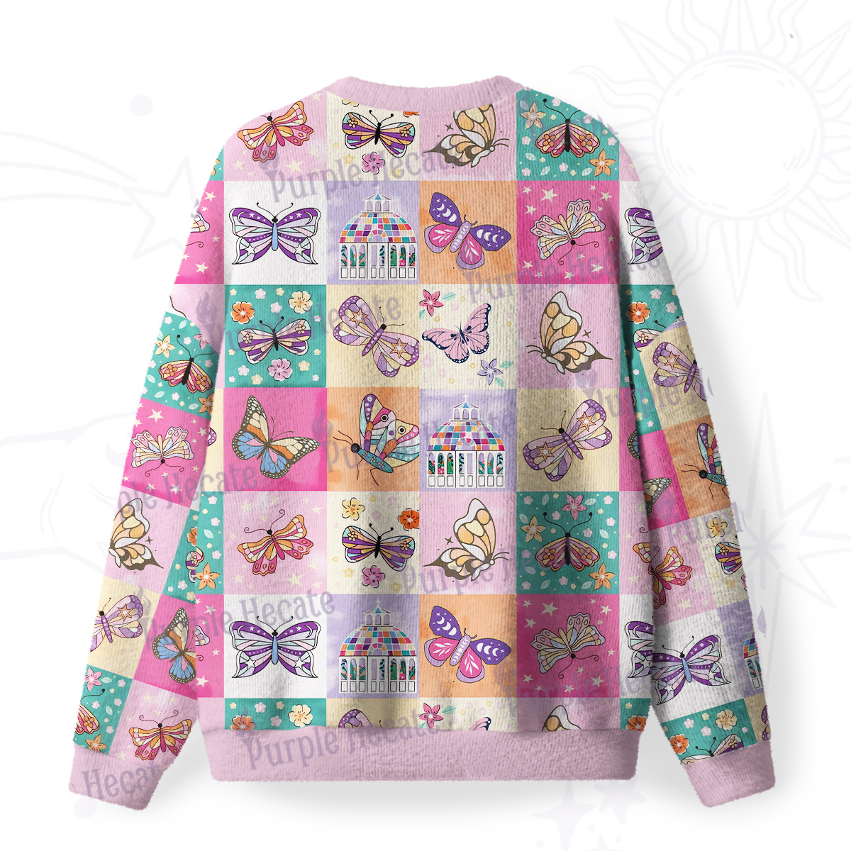 Purplehecate Dreamy Butterfly Garden Fuzzy Ugly Christmas Sweatshirt