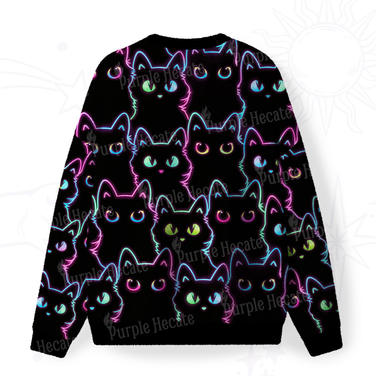 Purplehecate Neon Glow Stacked Cats Fuzzy Ugly Christmas Sweatshirt