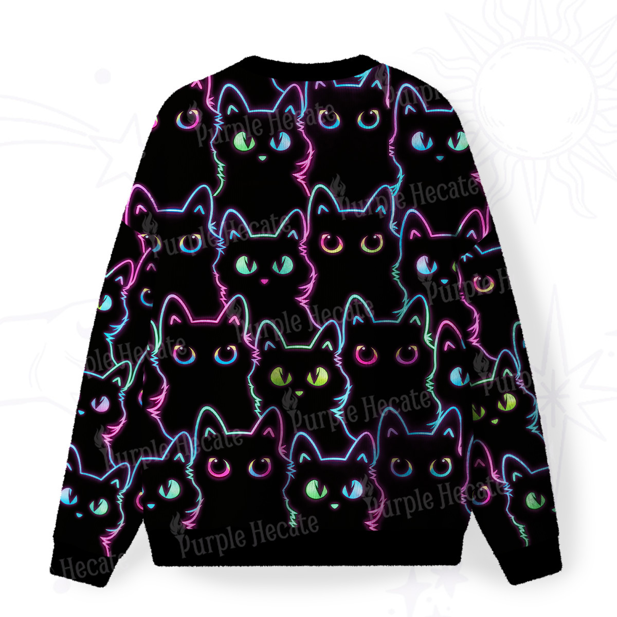 Purplehecate Neon Glow Stacked Cats Fuzzy Ugly Christmas Sweatshirt