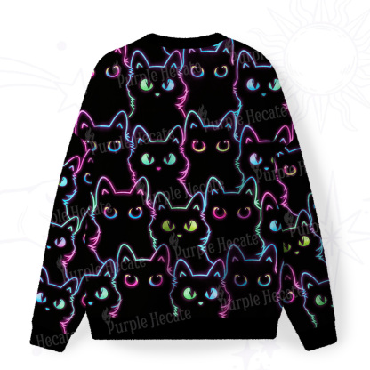 Purplehecate Neon Glow Stacked Cats Fuzzy Ugly Christmas Sweatshirt