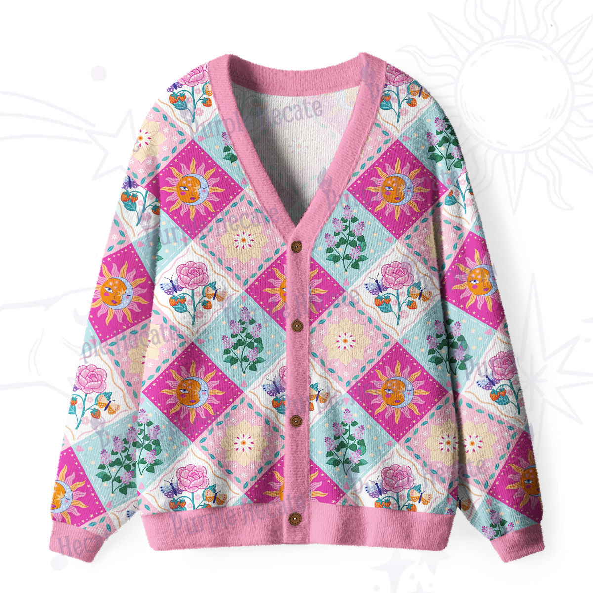 Purplehecate Celestial Sun & Moon Patchwork Ugly Cardigan Sweaters