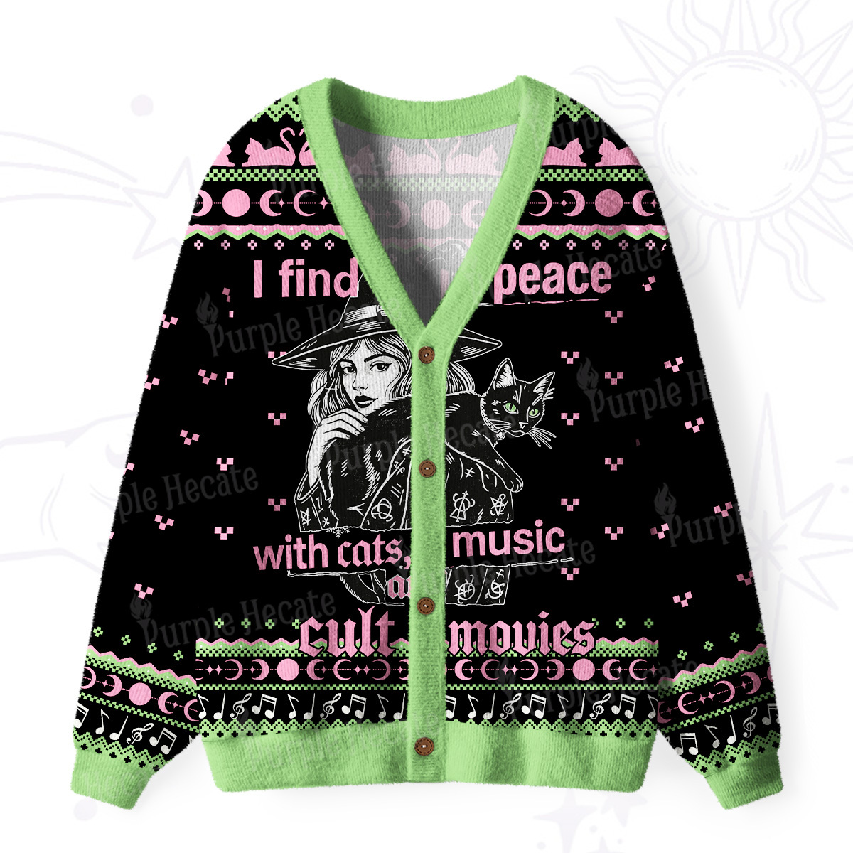 Purplehecate I Find Peace With Cats Music Cult Movies Ugly Cardigan Sweaters