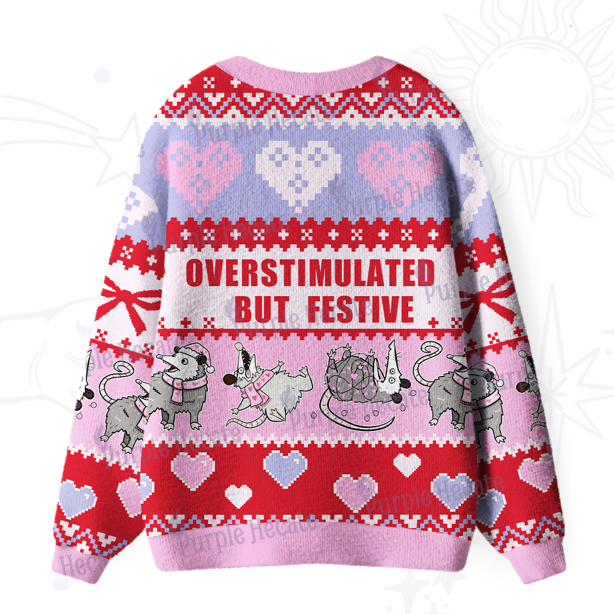 Purplehecate Overstimulated But Festive Possum Valentine Ugly Cardigan Sweaters