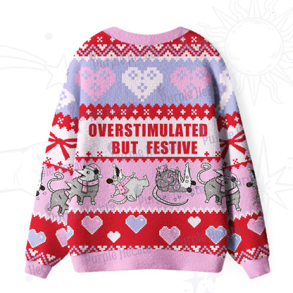 Purplehecate Overstimulated But Festive Possum Valentine Ugly Cardigan Sweaters