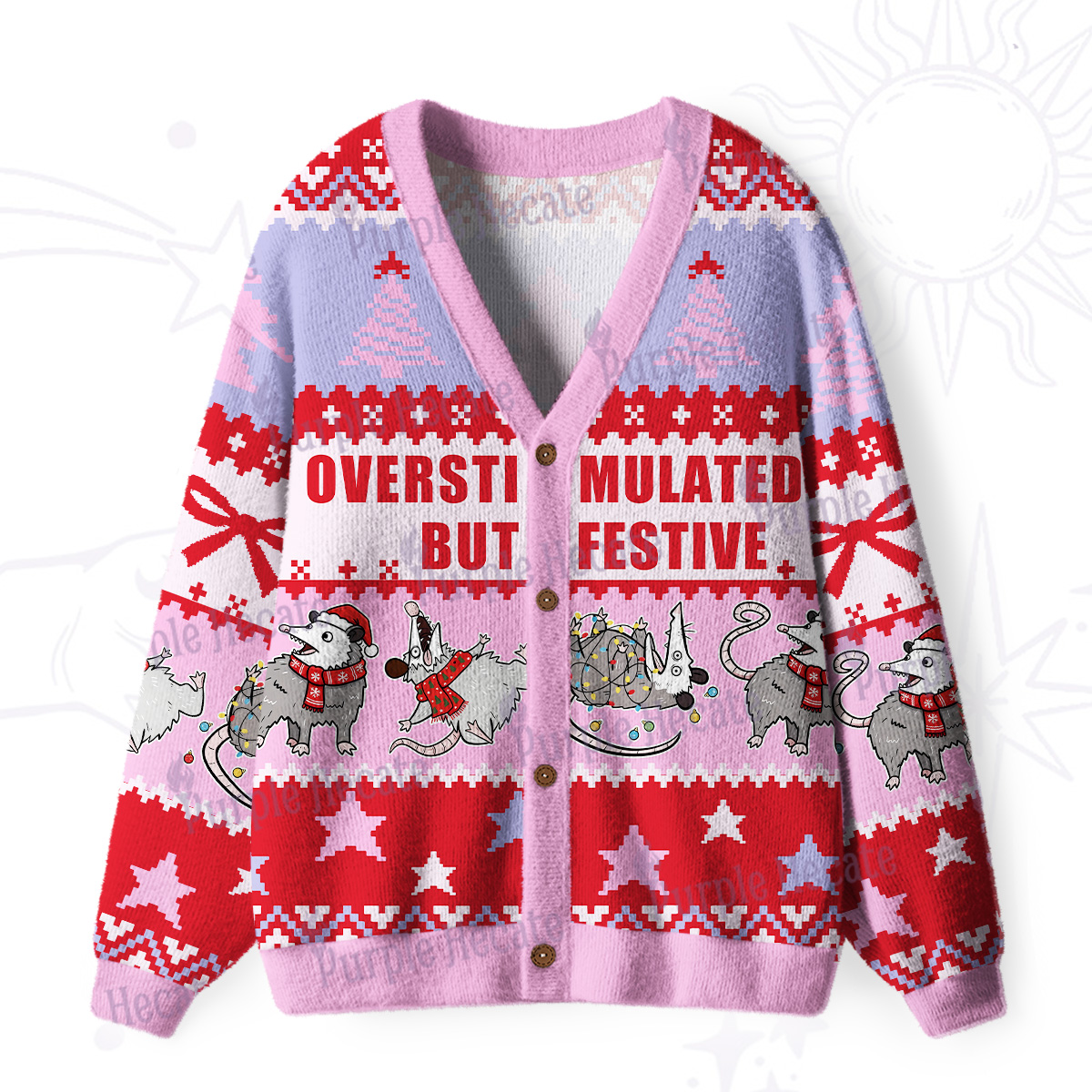Purplehecate Overstimulated But Festive Possum Ugly Cardigan Sweaters