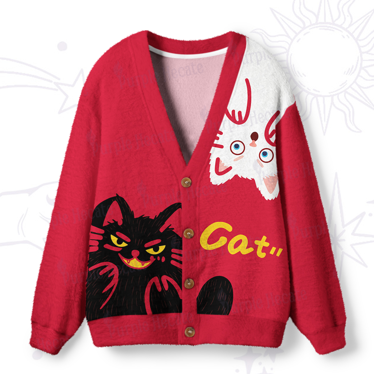 Purplehecate Mischievous Cat Lovers Ugly Cardigan Sweaters