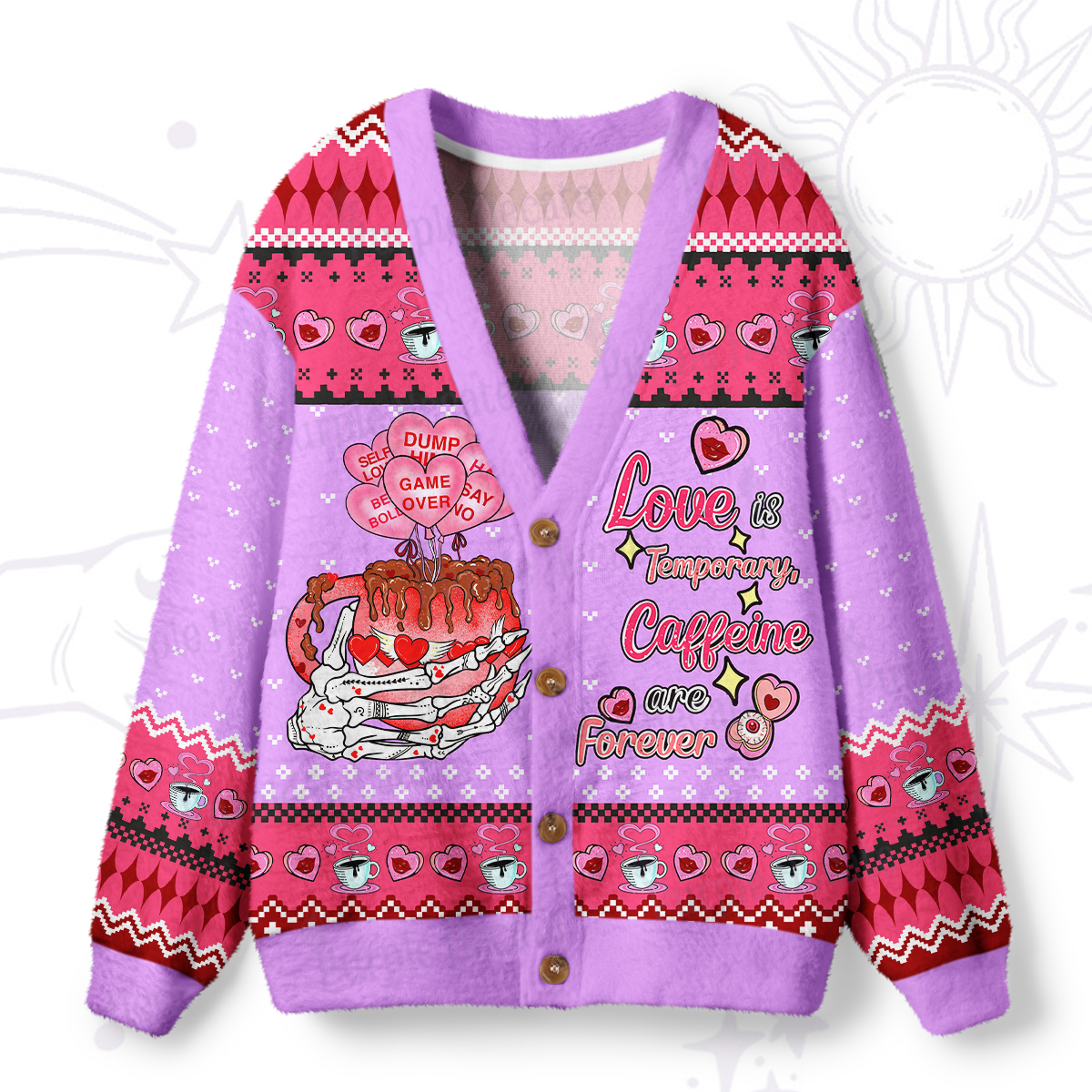 Purplehecate Purplehecate Love is Temporary, Caffeine are Forever Ugly Cardigan Sweaters