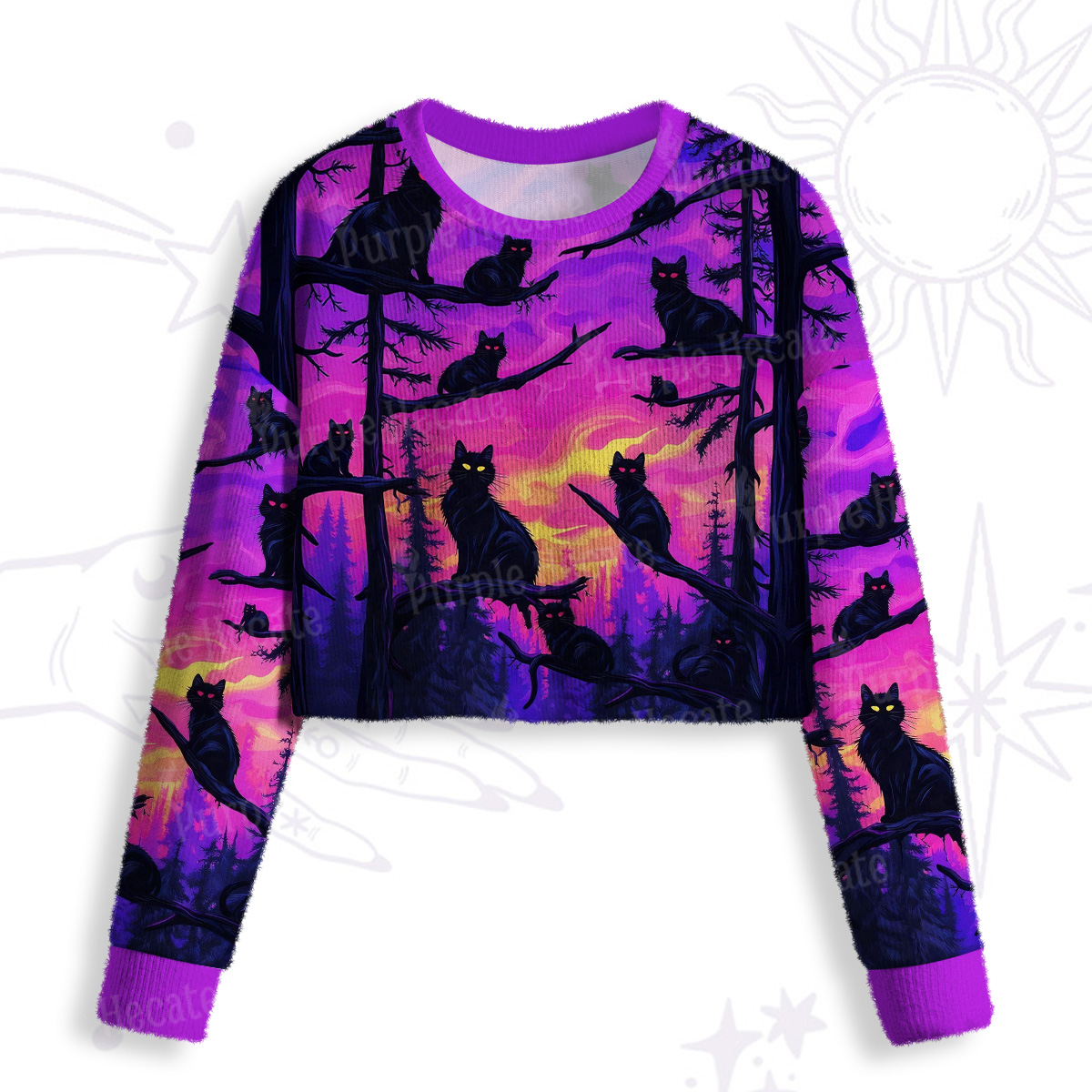 Purplehecate Twilight Forest Guardian Cat Crop Fuzzy Ugly Sweatshirt