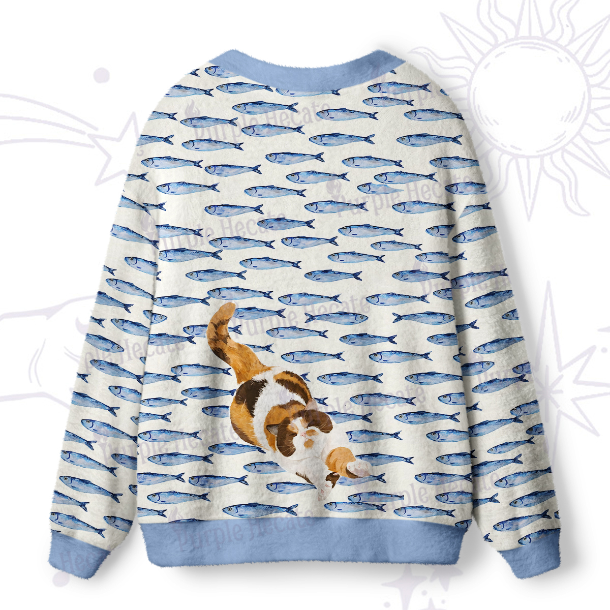 Purplehecate Cat Chasing Fish Ugly Cardigan Sweaters