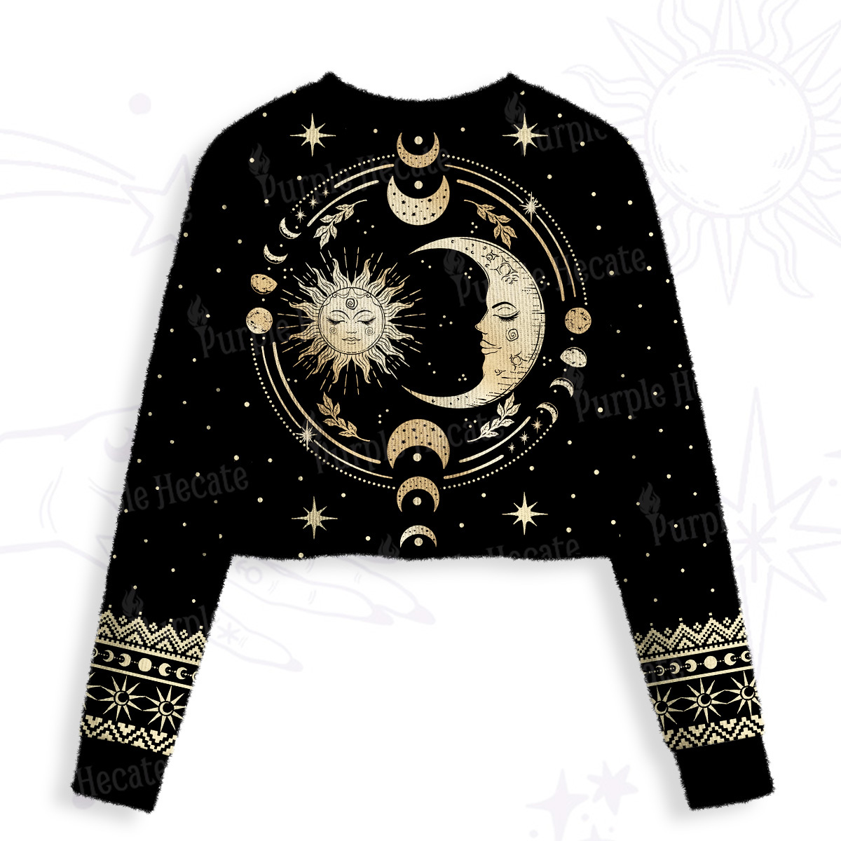 Purplehecate Celestial Sun and Moon Crop Fuzzy Ugly Sweatshirt