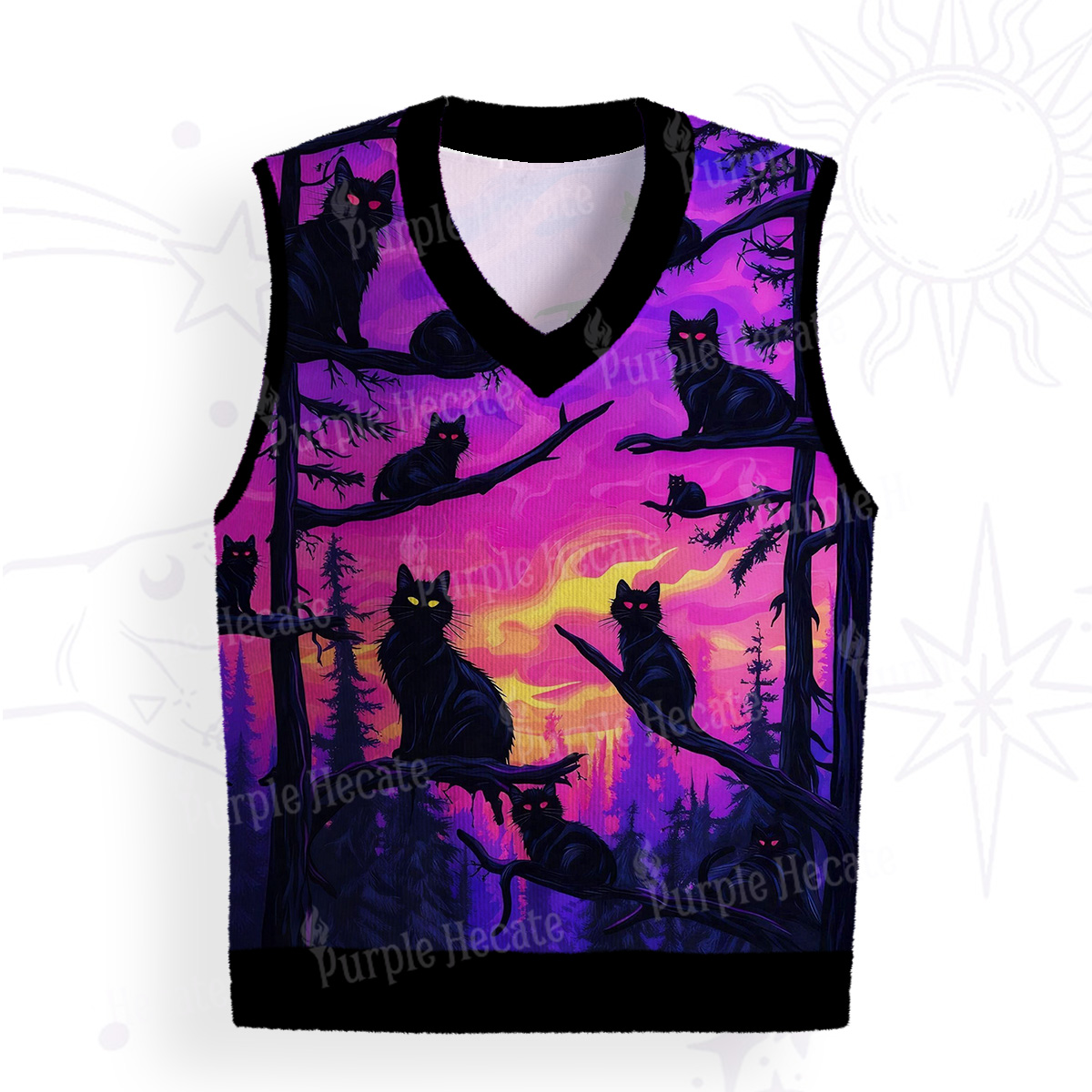 Purplehecate Twilight Forest Guardian Cat Ugly Sweater Vest
