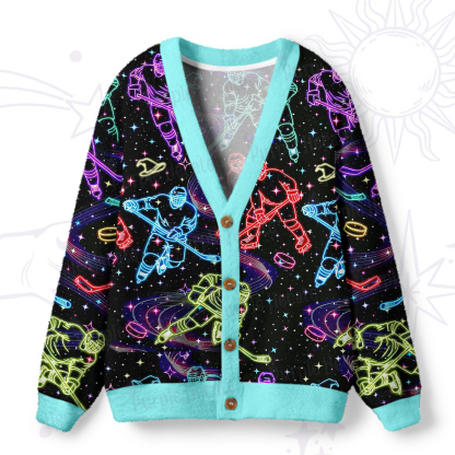 Purplehecate Neon Night Hockey Ugly Cardigan Sweaters