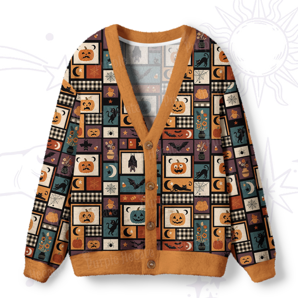 Purplehecate Halloween Patchwork Pattern Ugly Cardigan Sweaters