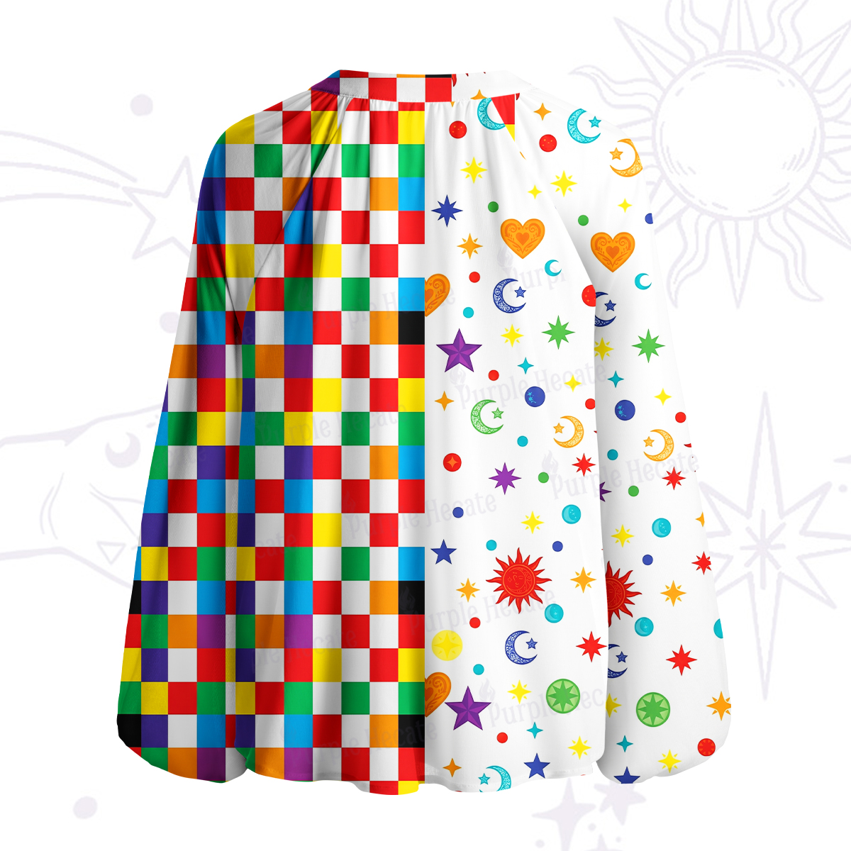 Purplehecate Celestial Rainbow Blocks Split Neck Tie Blouse