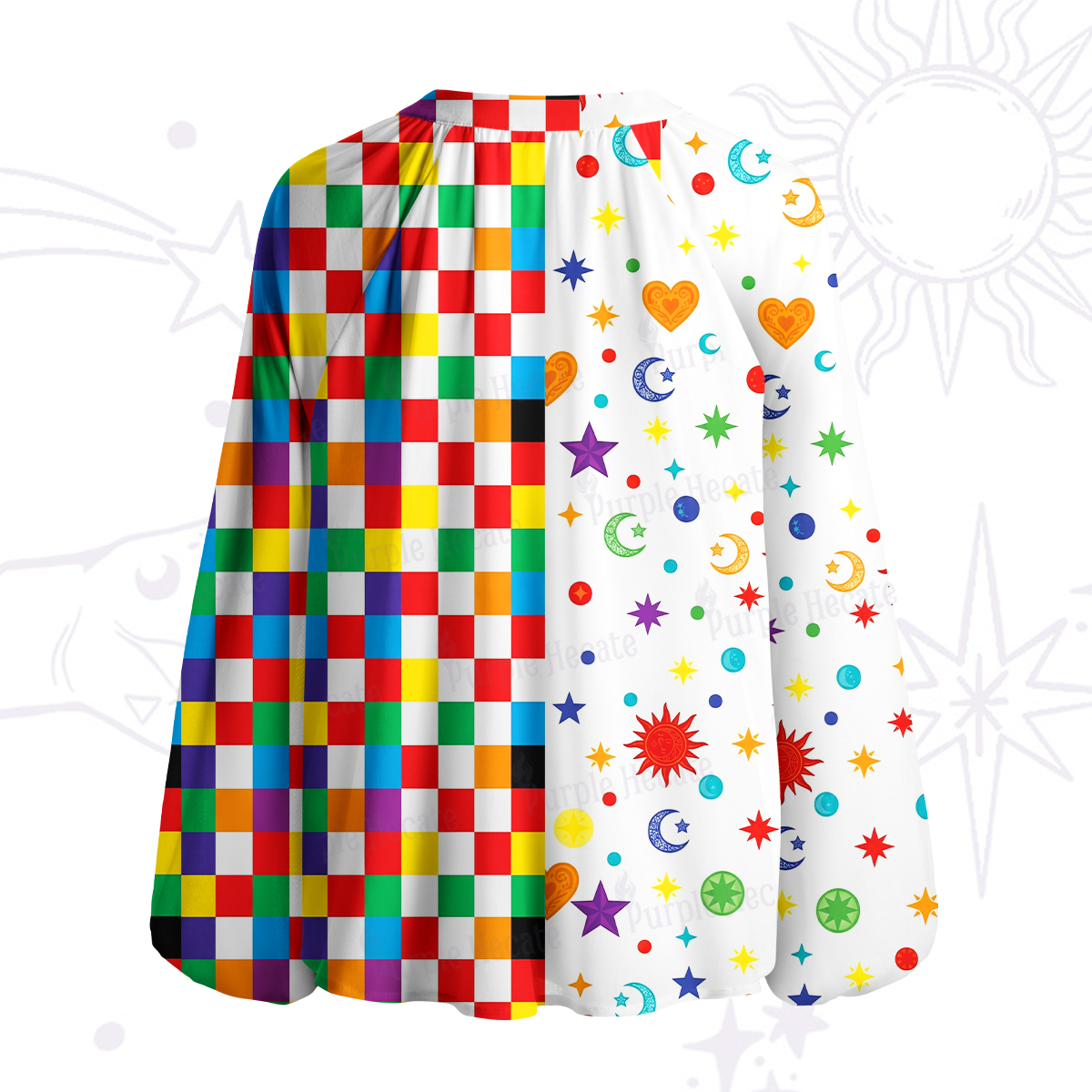 Purplehecate Celestial Rainbow Blocks Split Neck Tie Blouse