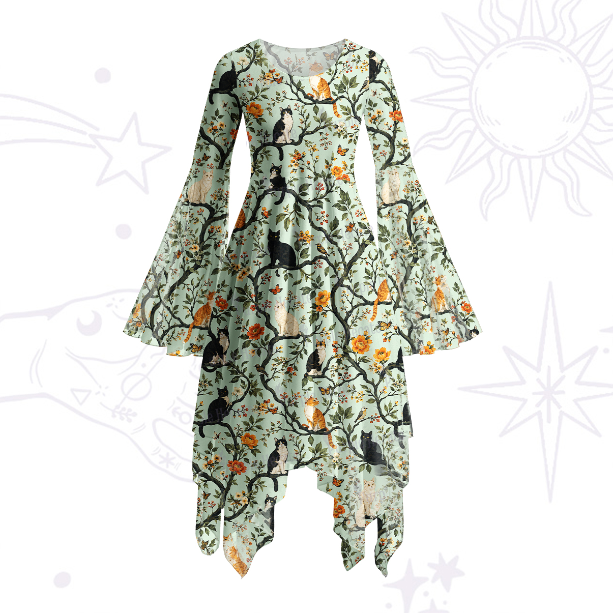 Purplehecate Enchanted Cat Grove Bell Sleeve Dress