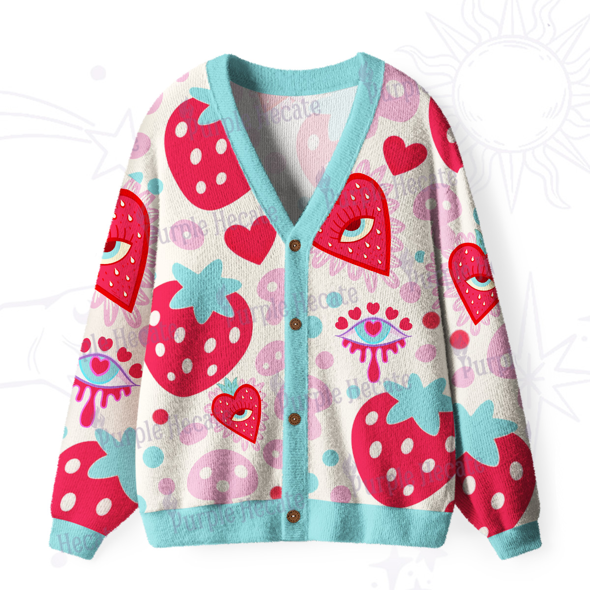 Purplehecate Whimsical Strawberry Hearts Ugly Cardigan Sweaters