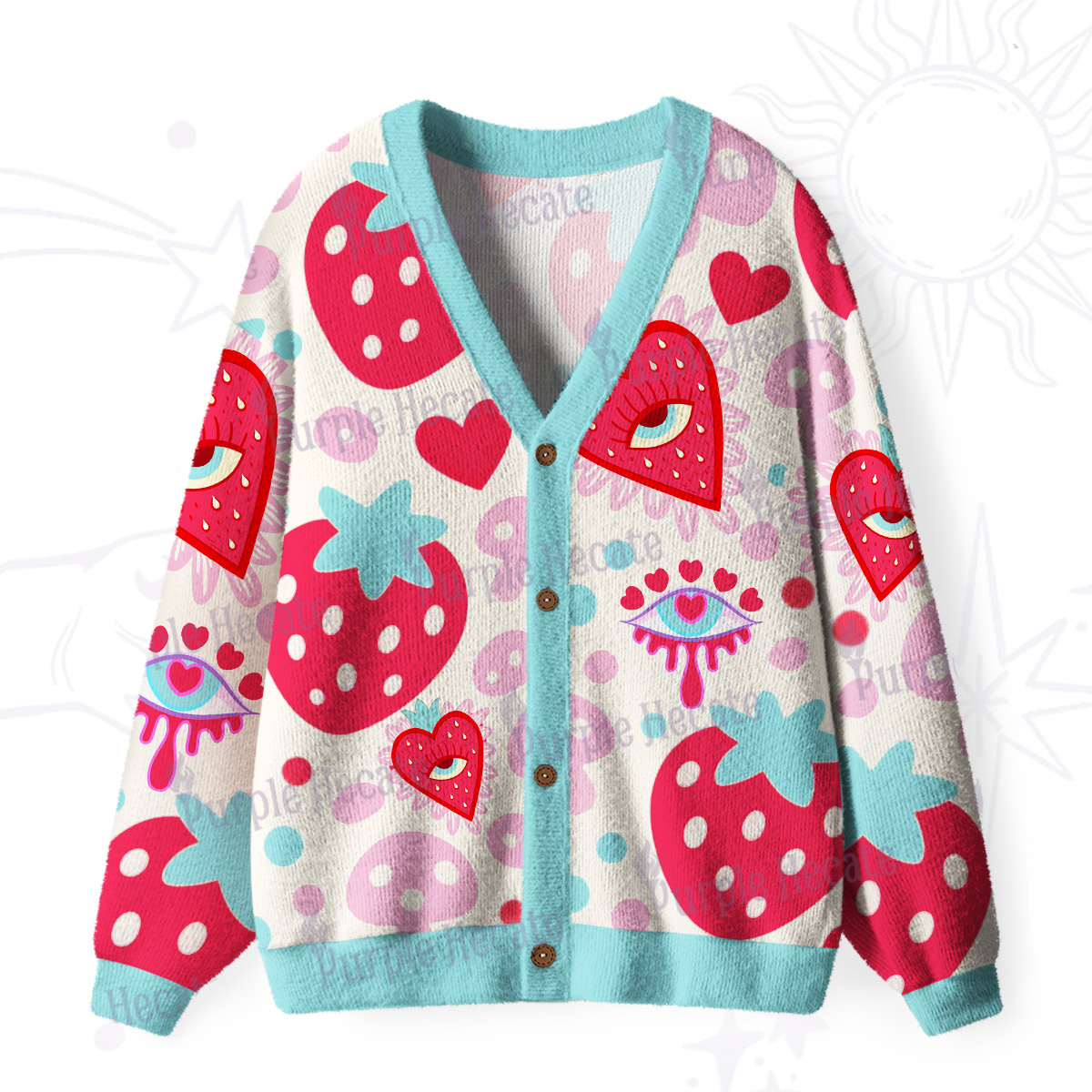 Purplehecate Whimsical Strawberry Hearts Ugly Cardigan Sweaters